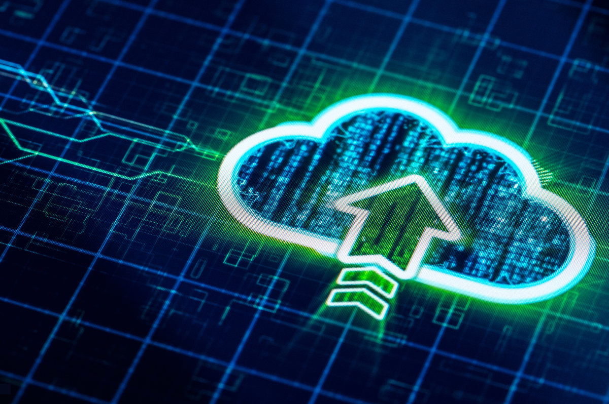 cloud with glowing green arrow.